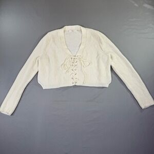 Millau Lace Up Cropped Cardigan Cream Ribbed Small Coquette Balletcore Fairycore